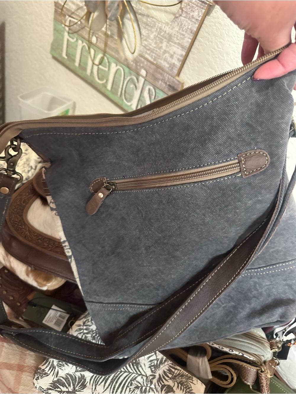 Myra Bag Beige Canvas Floral Crossbody with Brown Accents - Picture 3 of 4